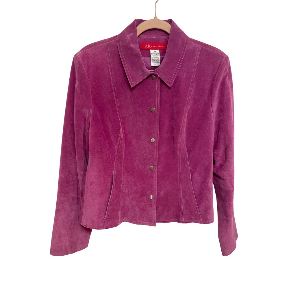Fuchsia Pink Suede Jacket Leather Snap Front Size 14 AK Anne Klein Y2K